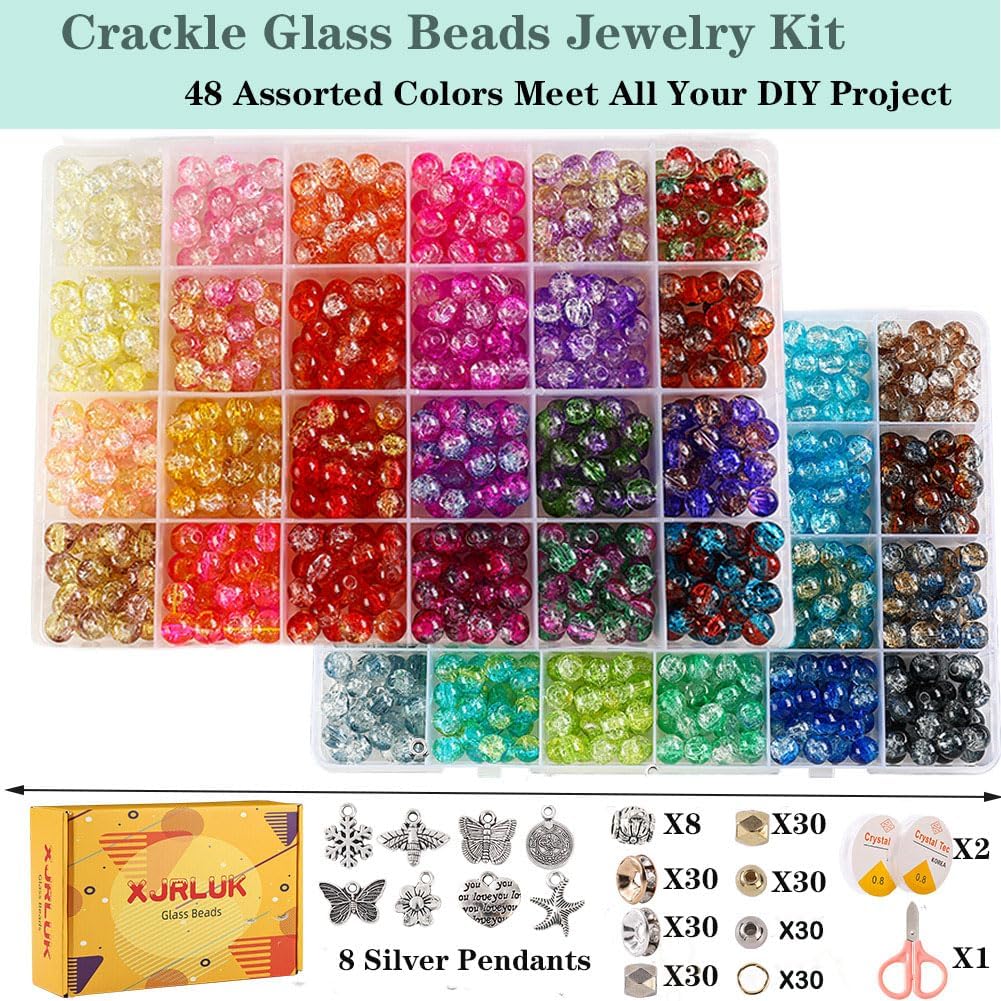 XJRLUK Glass Beads Bracelet Making Kit,1350PCS 48 Colors 8mm Crackle Glass Beads for Jewelry Making, Crystal Glass Round Beads Friendship Bracelet kit for DIY Crafts Gifts