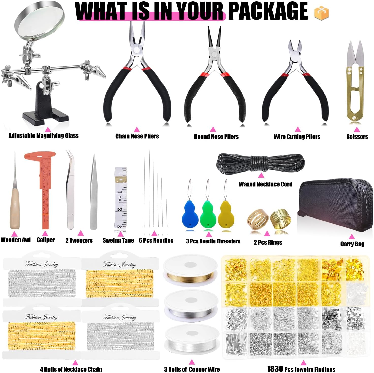 MONVICT Jewelry Making Supplies Kit with Jewelry Making Tools, Findings, Necklace Chain, Jewelry Wires, Adjustable Magnifier, Carry Bag, Meet All The Needs of Jewelry Making, Repair, Beading
