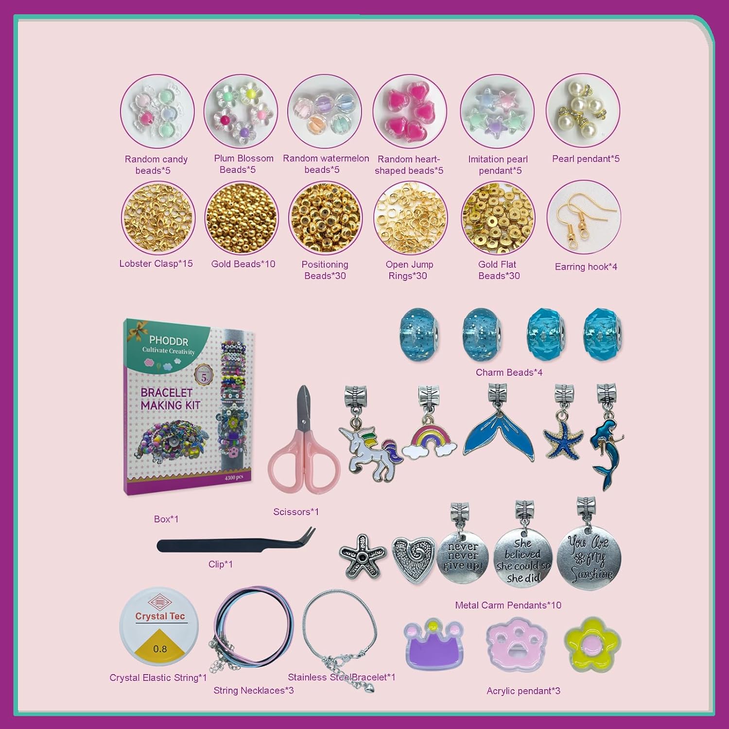 Alternative view of PHODDR 4300 Piece DIY Bracelet Making Kit - Jewelry Crafts Set, Including Beads and Pendants, Suitable for Girls Aged 5-12, Birthday and Christmas Gifts