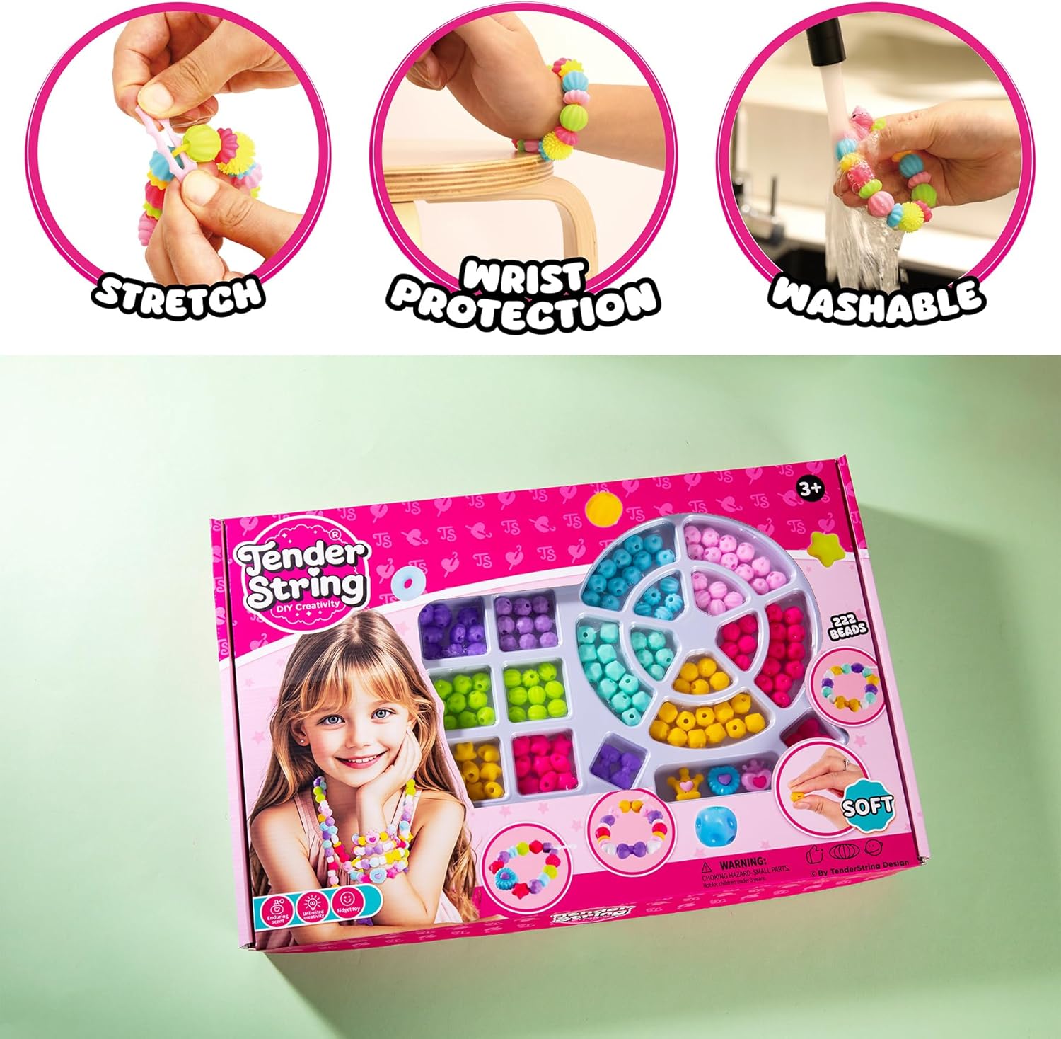 HANDGUP 222 PCS Soft TPR Jewelry Making Kit for Kids u2013 DIY Beads Set with 20+ Shapes, Arts and Crafts Toys for Kids, Create Necklaces, Bracelets, Keychains Ages 3+