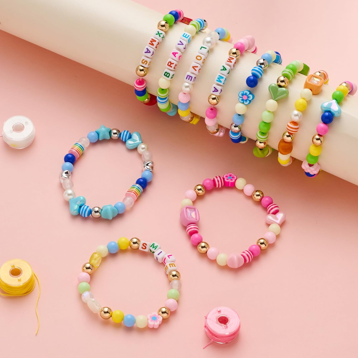 MYCUTEY 594Pcs DIY Bracelet Making Kit with Colorful Letter Flower Heart Beads - Friendship Bracelet Kit for Women Kids Pony Beads for Jewelry Making Christmas Bead Bracelets Making Craft Gift