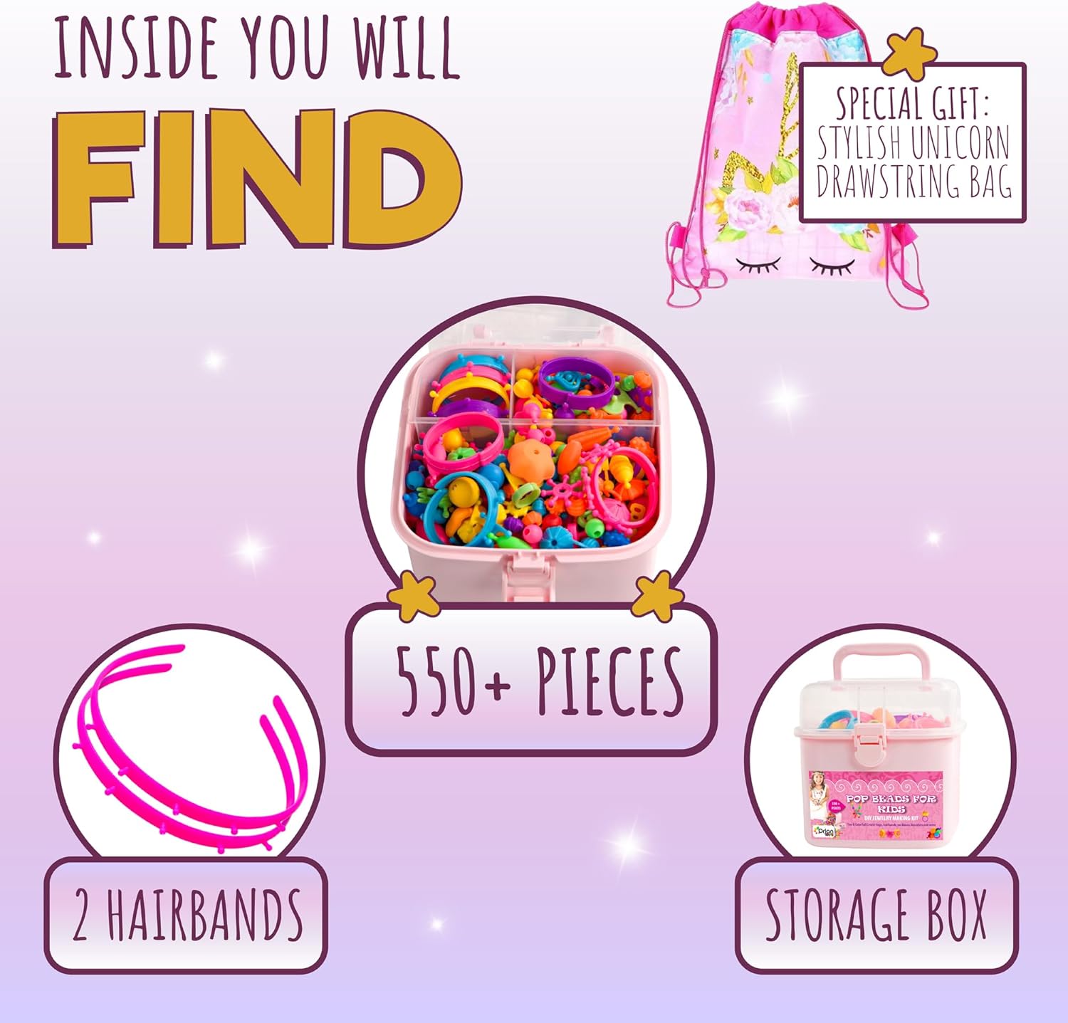 Alternative view of Orian Pop Beads Jewelry Kit for Girls u2013 550+ Colorful Snap Beads to Create Bracelets, Necklaces & Rings, Fun DIY Set with Unicorn Gift Bag, Ages 3+