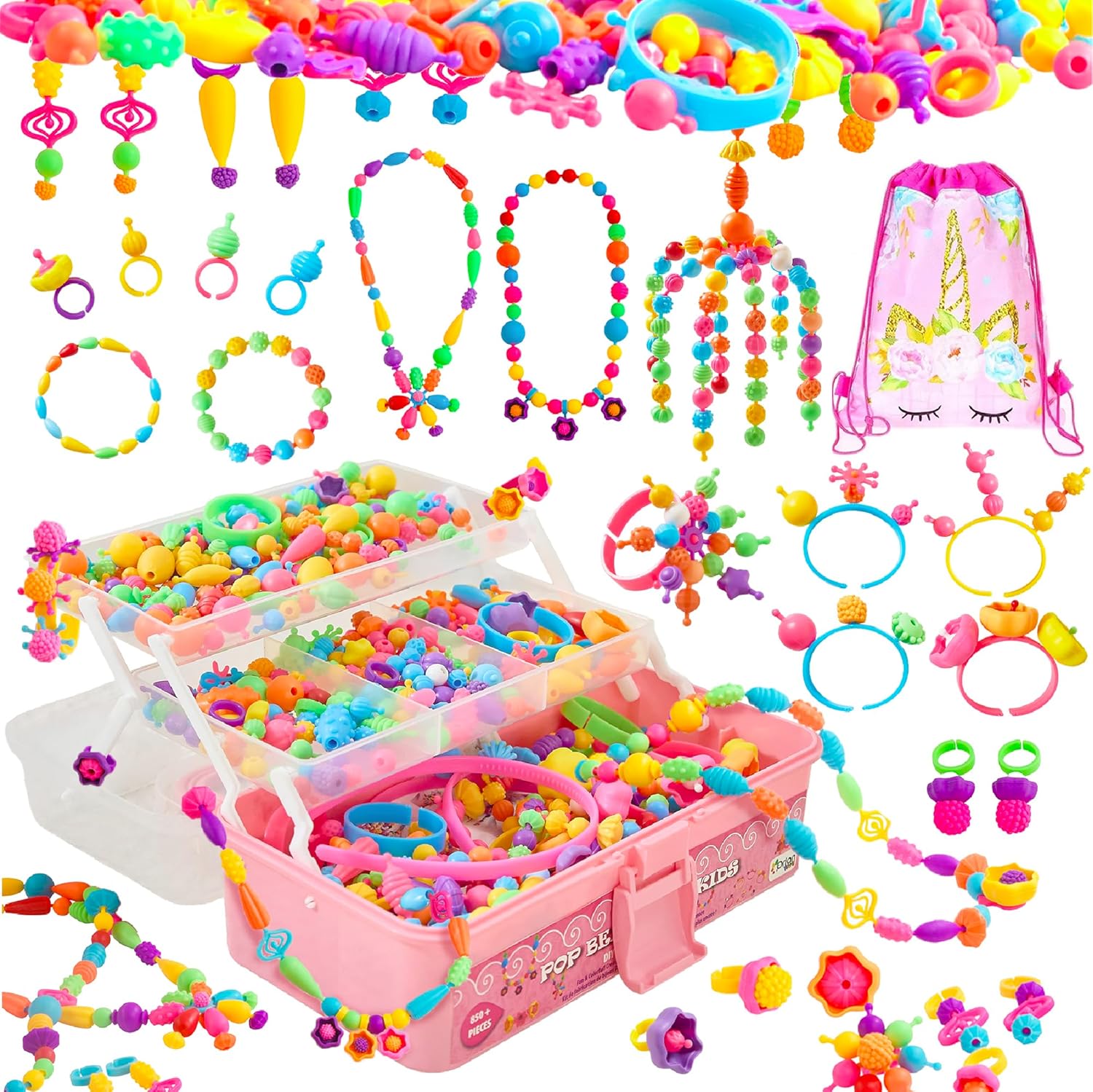 Orian Pop Beads Jewelry Kit for Girls u2013 550+ Colorful Snap Beads to Create Bracelets, Necklaces & Rings, Fun DIY Set with Unicorn Gift Bag, Ages 3+ - Image 8