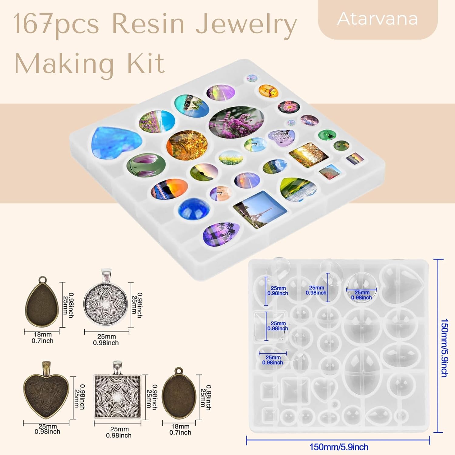Atarvana 167pcs Resin Jewelry Making Kit & Accessories, Resin Jewelry Making Kit with 30Pcs 5 Styles Metal Pendant, 1pcs Jewelry Molds, 10pcs Necklace, 1pcs Drill, 100pcs Nails, 12pcs Glitter