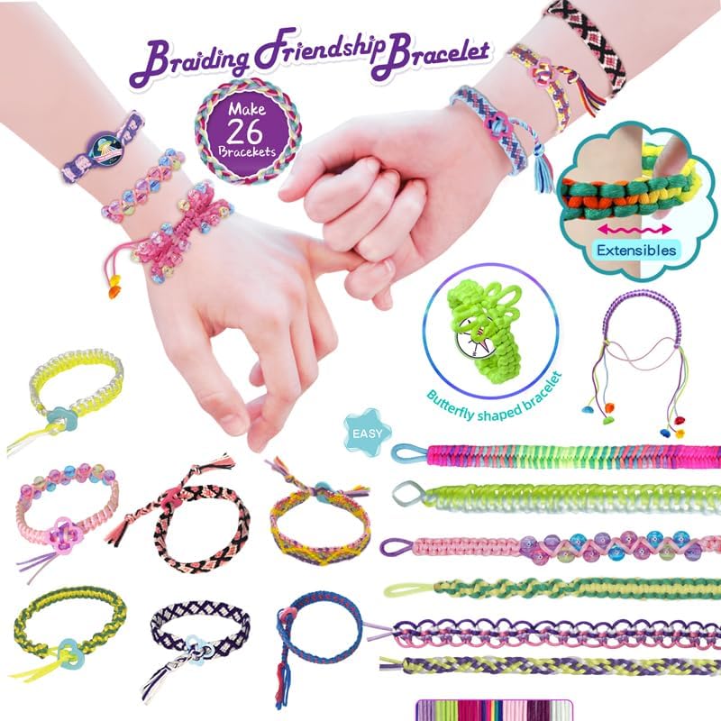 2-in-1 Friendship Bracelet Making Kit for Girls, DIY Art and Crafts String Maker Tool, Jewelry Making Kit Travel Activity Toys Set, Christmas Birthday Gifts for 6 7 8 9 10 11 12 Year Old Teen Girls