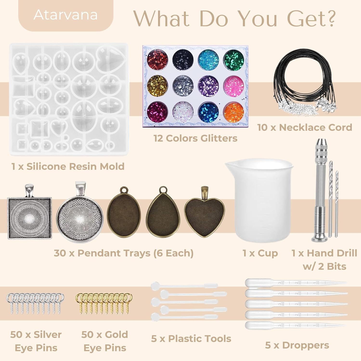 Alternative view of Atarvana 167pcs Resin Jewelry Making Kit & Accessories, Resin Jewelry Making Kit with 30Pcs 5 Styles Metal Pendant, 1pcs Jewelry Molds, 10pcs Necklace, 1pcs Drill, 100pcs Nails, 12pcs Glitter