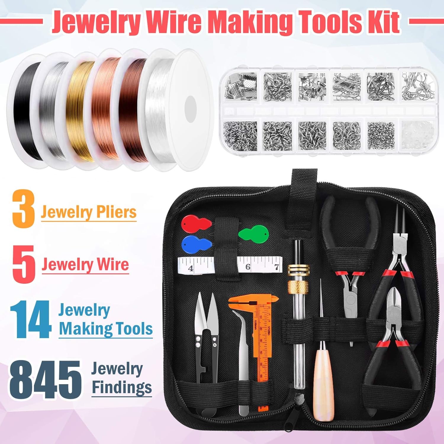 Thrilez Wire Wrapping for Jewelry Making, Repair and Beading Supplies Kit with Craft Ring Wire, Tools, Pliers and Jewelry Findings
