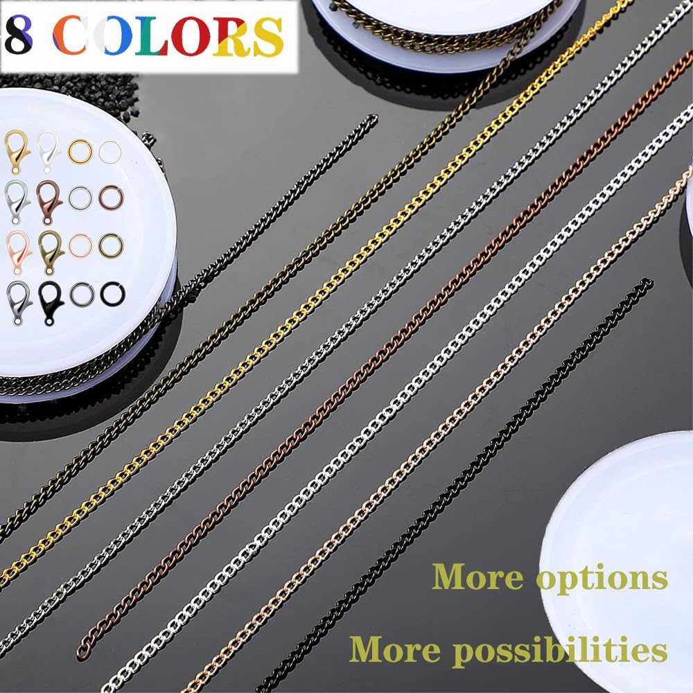 80ft Jewelry Making Kit - 8 Color Stainless Steel Curb Chain, 240 Jump Rings & 80 Lobster Clasps for DIY Bracelet, Earring & Necklace Crafts (2*3 mm)