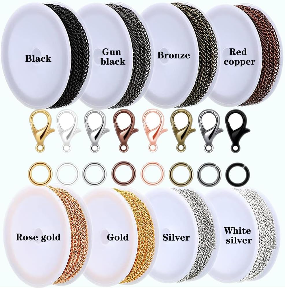 Alternative view of 80ft Jewelry Making Kit - 8 Color Stainless Steel Curb Chain, 240 Jump Rings & 80 Lobster Clasps for DIY Bracelet, Earring & Necklace Crafts (2*3 mm)