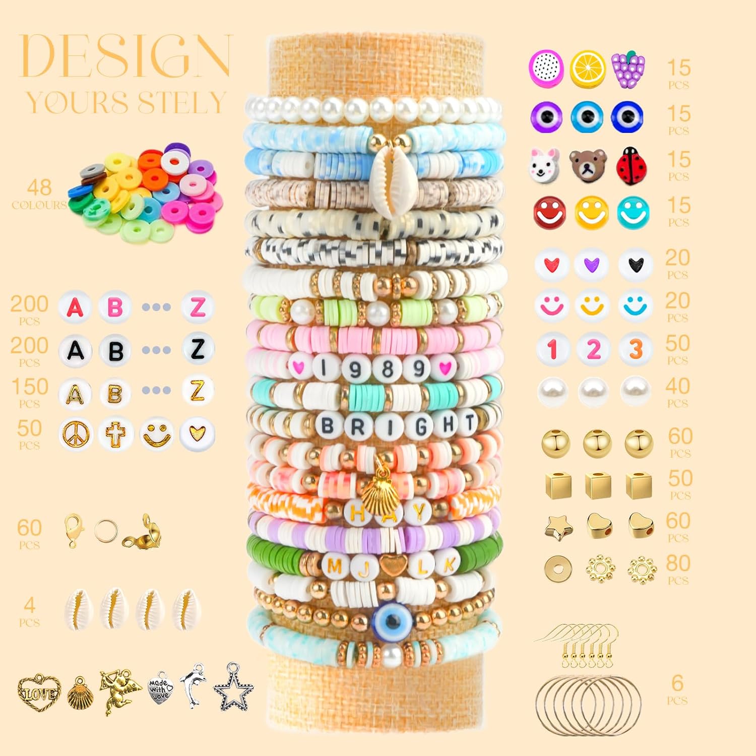 Sunlode Clay Beads Bracelet Making Kit, 3 Boxes 15,000PCS Boho Color with Letter Beads, Charms and Elastic Strings, DIY Jewelry Set for Friendship Bracelets Crafts Gift