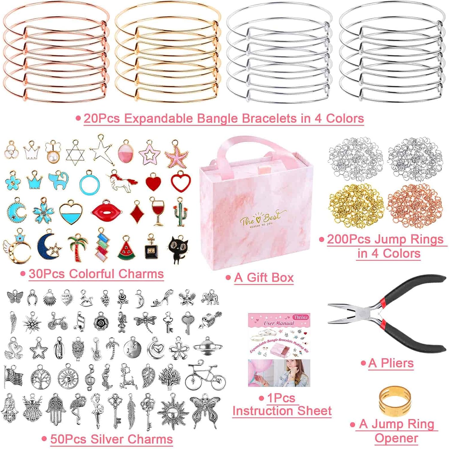 Alternative view of Thrilez 300Pcs Charm Bangle Bracelets Making Kit with Expandable Bangles, Charms, Jump Rings and Pliers for Jewelry Making Bangle Bracelets (with Gift Box and Tools)