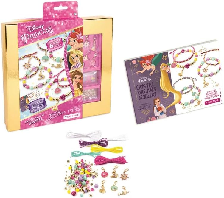 Make It Real Disney Princess Crystal Dreams Jewelry Kit - DIY Bead & Charm Bracelet Set with Swarovski Crystals, Includes Supplies & Exclusive Princess Book - Create 6 Bracelets, Ages 8