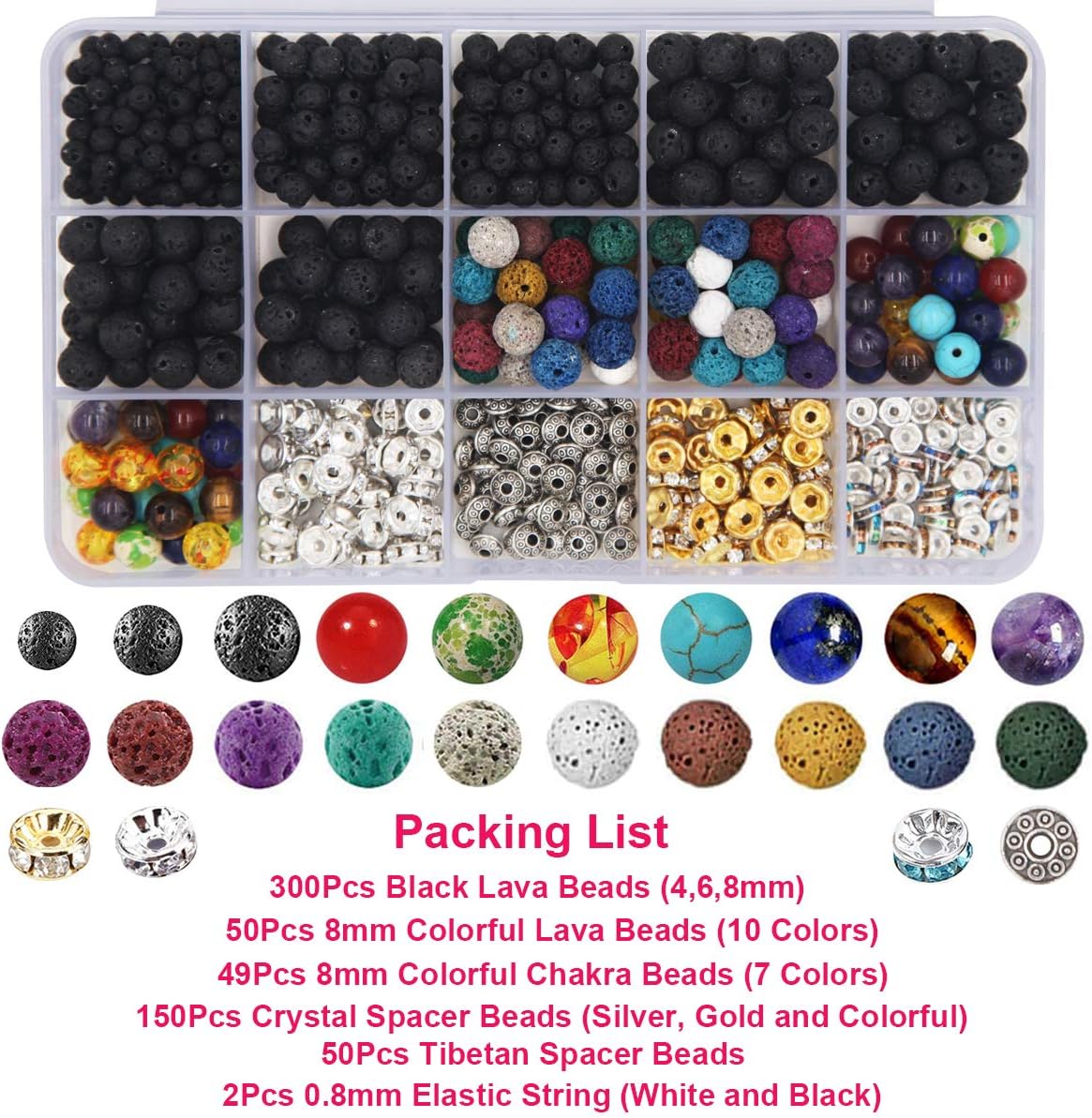 EuTengHao 602Pcs Lava Beads Stone Kits with 8mm Chakra Beads and Spacers Beads Bracelet Elastic String for Diffuse Essential Oils Adult DIY Jewelry Making Supplies