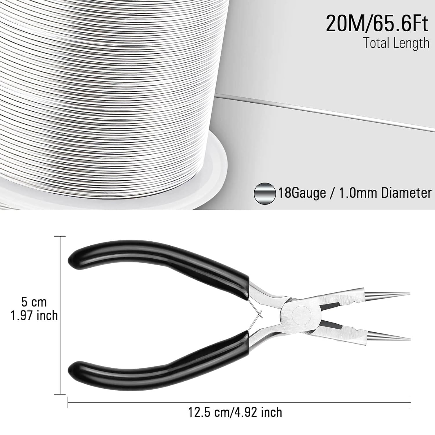 Modacraft 18 Gauge Silver Jewelry Wire & 4-in-1 Pliers Kit - 65FT Anti-Tarnish Craft Wire (1mm) for Wire Wrapping, DIY Jewelry, Christmas Ornaments & Holiday Decor