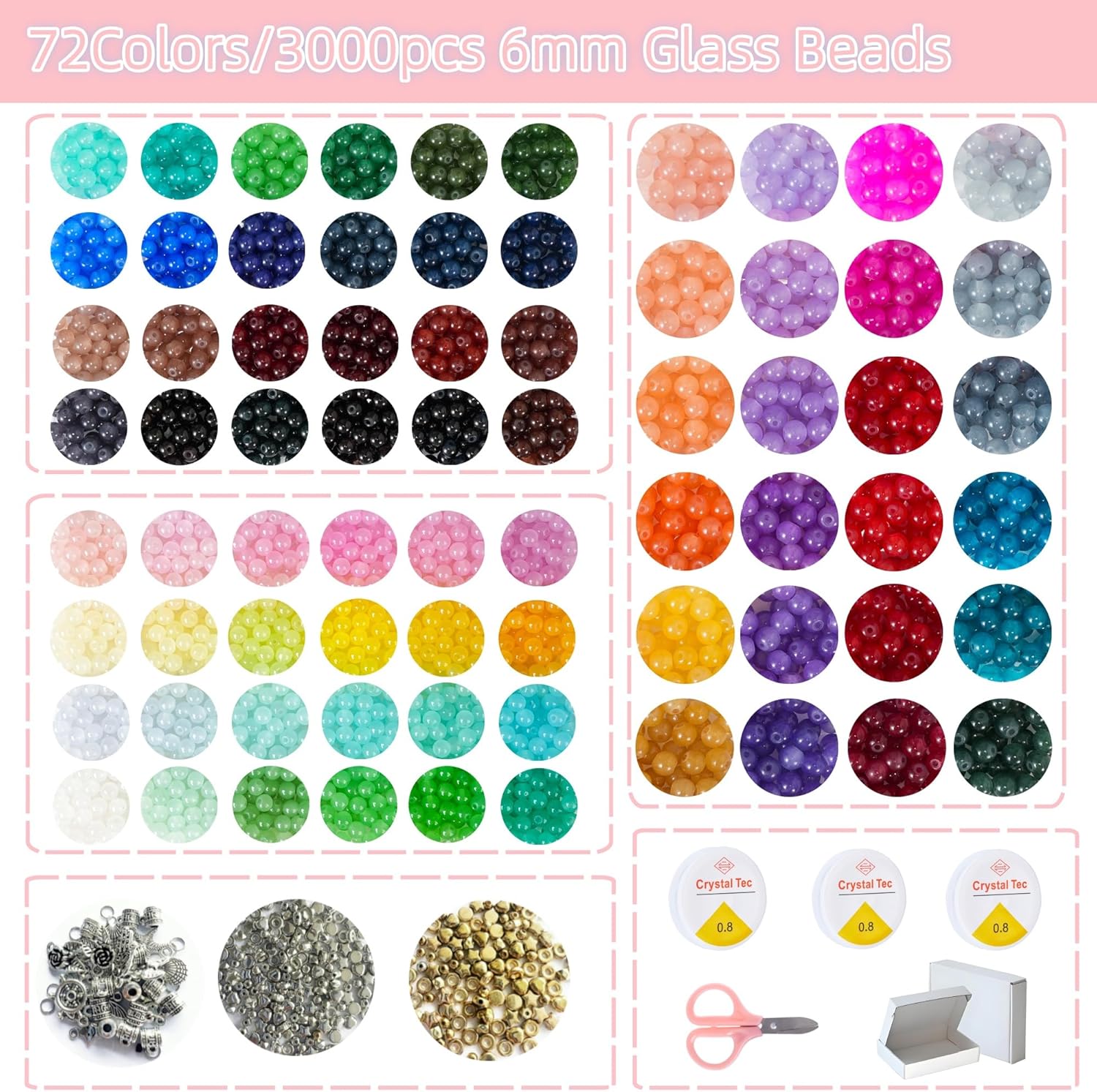 REVKI 72 Colors 6mm Glass Beads for Jewelry Making,3000PCS+ Round Crystal Glass Beads Bracelet Making Kit with Accessories, Bead Starter Kit Crafts Gifts Set Suitable for Teen Adults