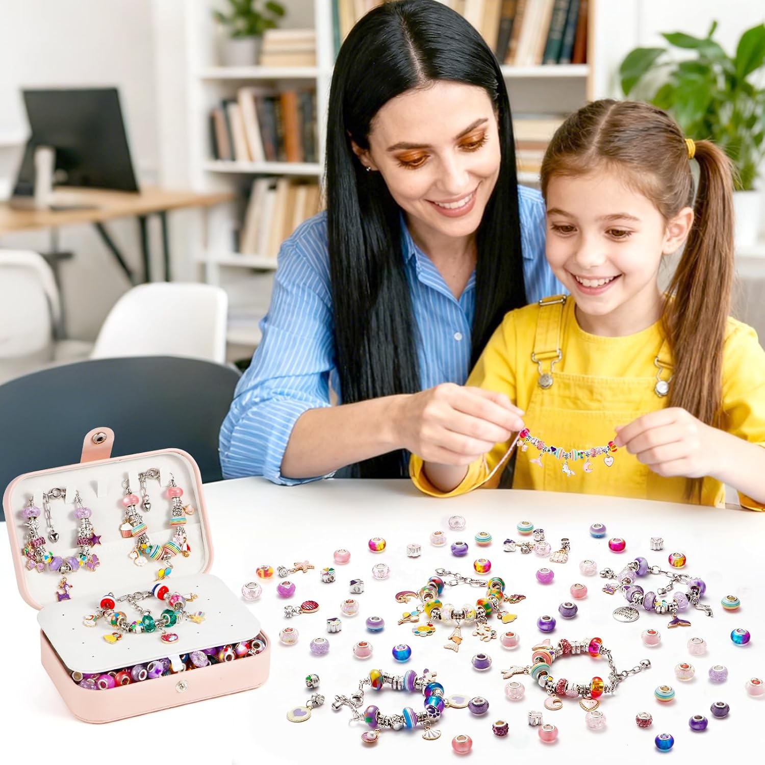 YJK Charm Bracelet Making Kit, 5-12 Year Old Girl Birthday Gifts, 133 Pcs DIY Beaded Jewelry Making Kit with Jewelry Box, Creative Crafts for Girls, Charm Necklace Making kit for Girls (Purple & Pink)