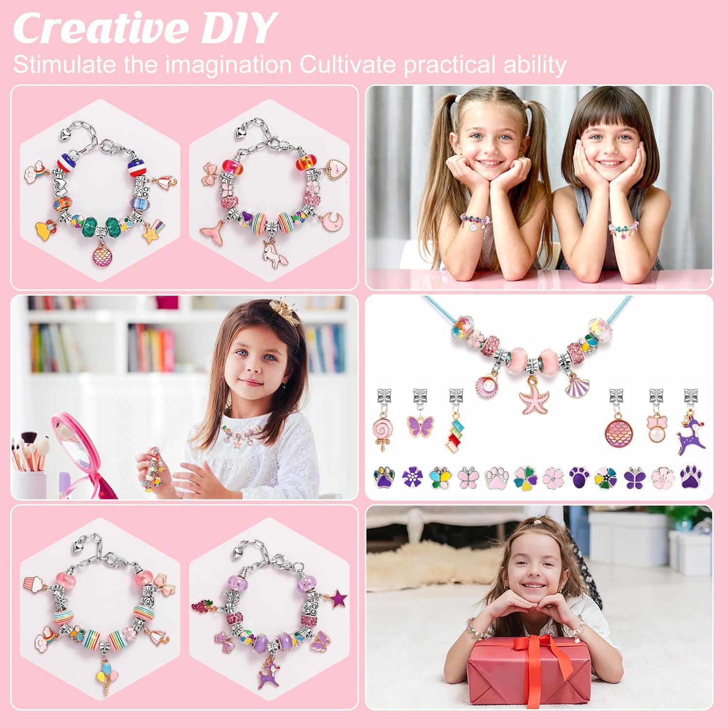 Alternative view of YJK Charm Bracelet Making Kit, 5-12 Year Old Girl Birthday Gifts, 133 Pcs DIY Beaded Jewelry Making Kit with Jewelry Box, Creative Crafts for Girls, Charm Necklace Making kit for Girls (Purple & Pink)