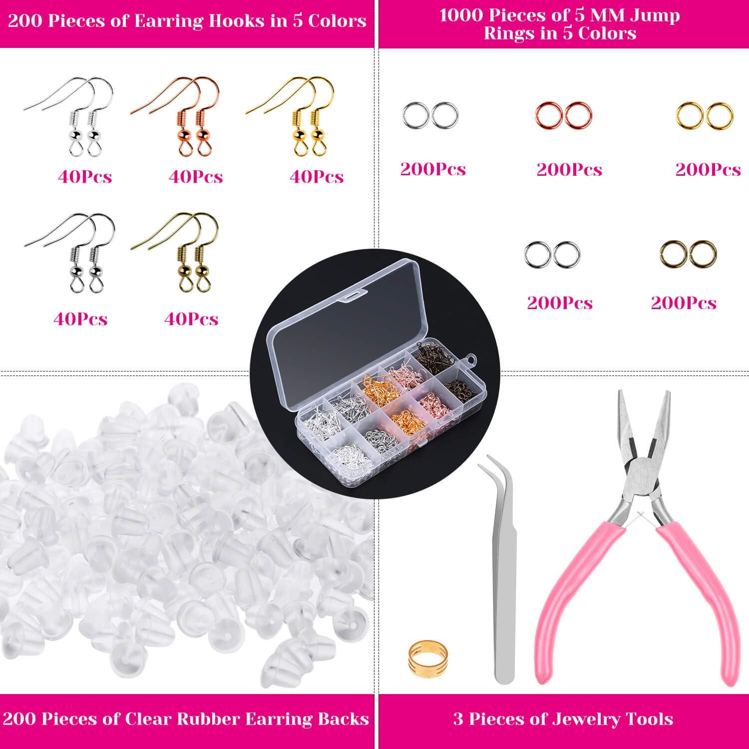 Alternative view of Earring Hooks, Audab 1400pcs Making Kit with 200pcs Ear Ring 1000pcs Jump Rings, Backs and Jewelry Pliers for Supplies Findings