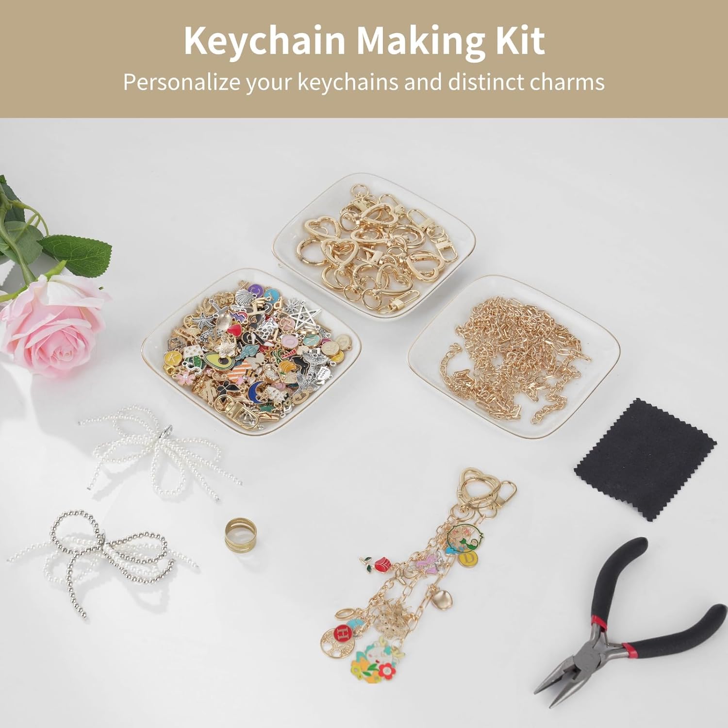 OMISTAR 544 Pcs Keychain Making Kit, Including 24 Keychains, 198 Charms and Pliers, 30 Extender Chains, Colorful Beads, Enamel Pendants for DIY Crafts, Jewelry Making