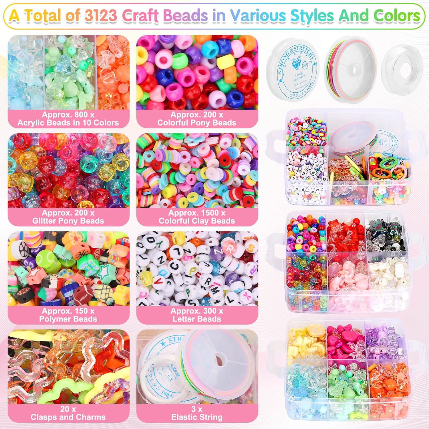 3123Pcs Assorted Acrylic Beads Kit for DIY Bracelets Making with Cute Candy Butterfly Flower Heart Kawaii Color Bead Charms for Creativity Fun Jewelry Craft Aesthetic to Make Necklaces Keychains