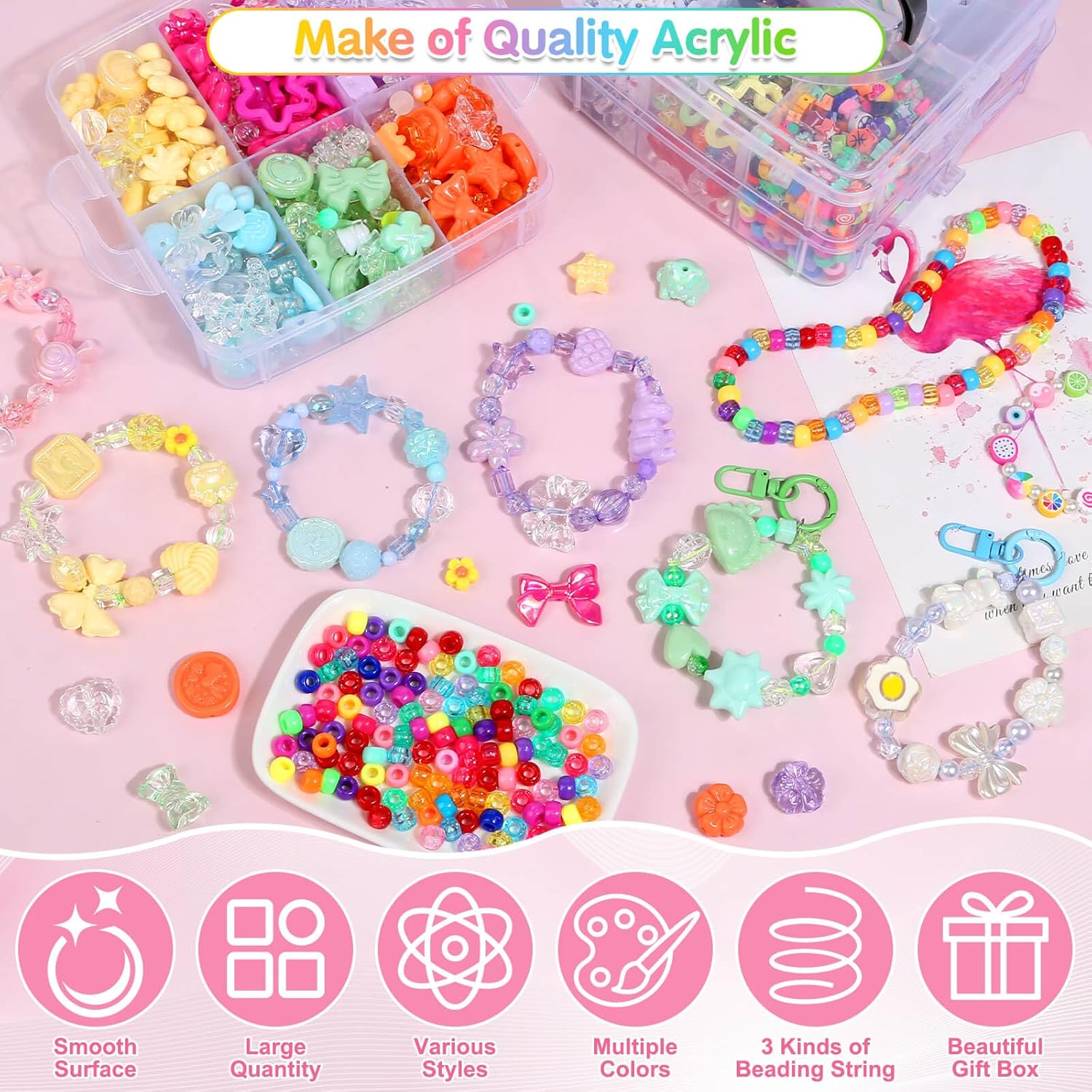 Alternative view of 3123Pcs Assorted Acrylic Beads Kit for DIY Bracelets Making with Cute Candy Butterfly Flower Heart Kawaii Color Bead Charms for Creativity Fun Jewelry Craft Aesthetic to Make Necklaces Keychains