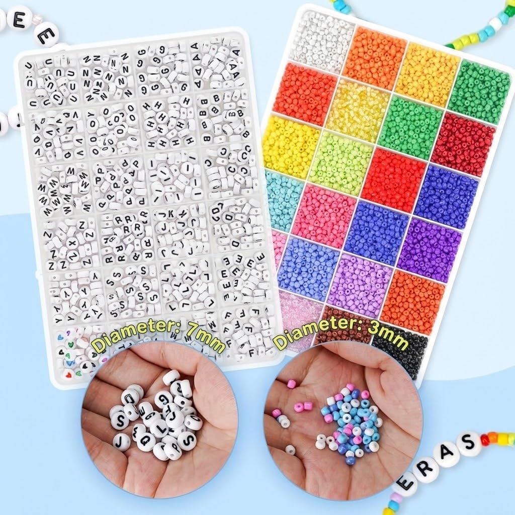 Dowsabel Friendship Bracelet Kit, 10000 Pcs 3mm Glass Seed Beads for Bracelets Making Kit with Letter Alphabet Beads A-Z, 8/0 Craft Bead for Jewelry Making Necklaces and Key Chains with Needle Cord