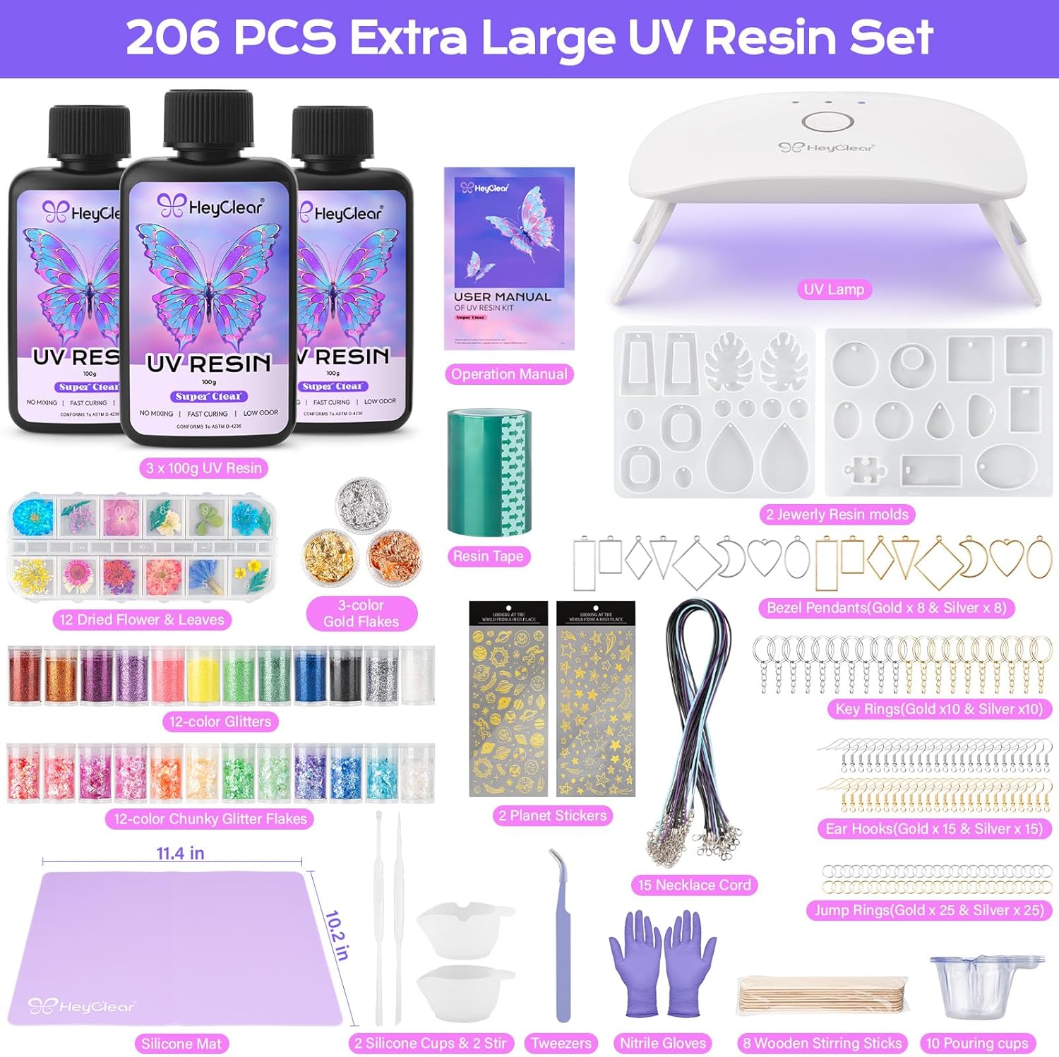 HeyClear UV Resin Molds Jewelry Making Kit with UV Lamp and Casting Tools -300g Super Clear, Hard, Low Odor, Premixed and Fast Curing for Keychains, Earrings, DIY Craft Decorations