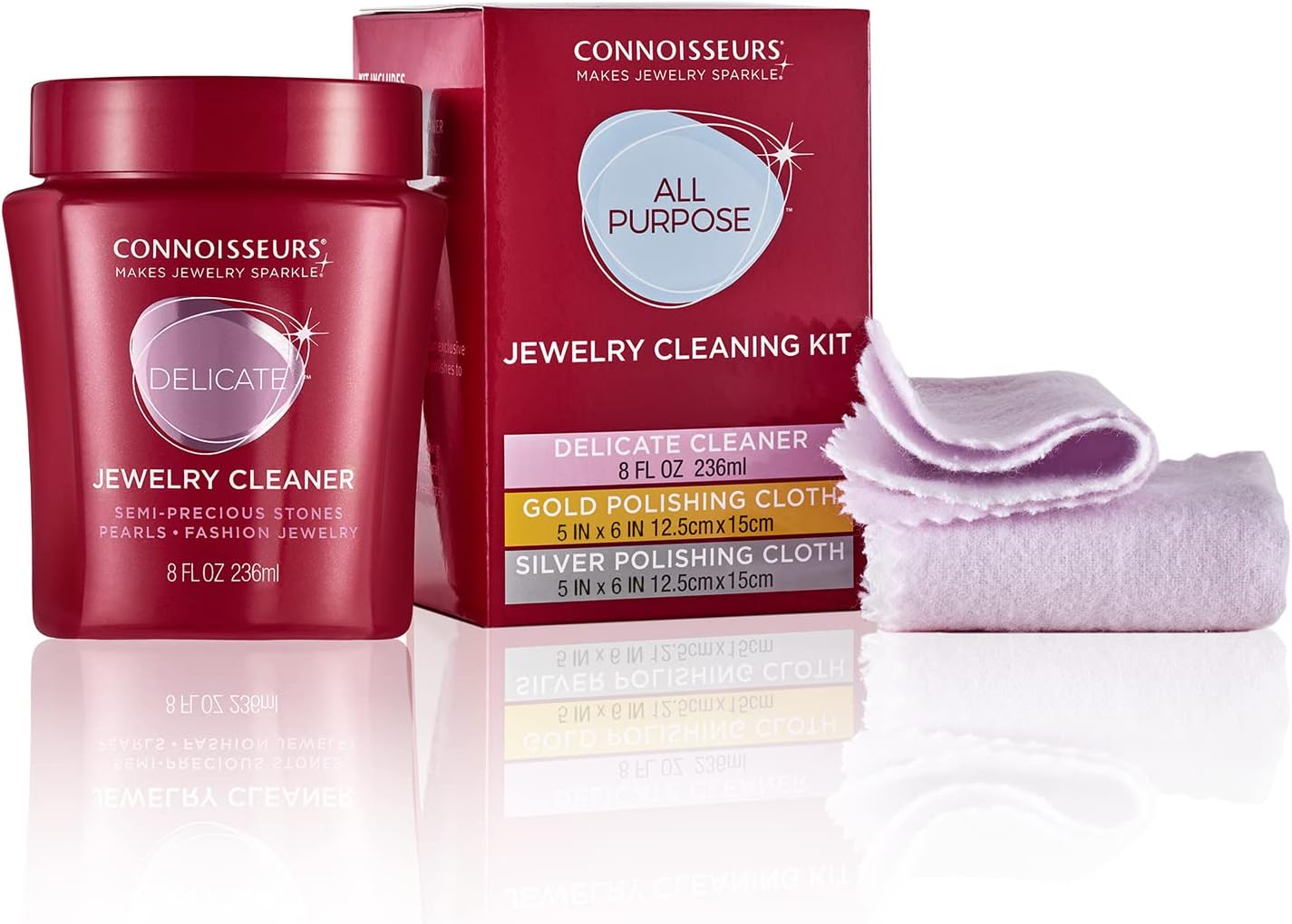 CONNOISSEURS All-Purpose Jewelry Cleaning Kit - Includes Delicate Jewelry Cleaner Solution and 2 Polishing Cloths