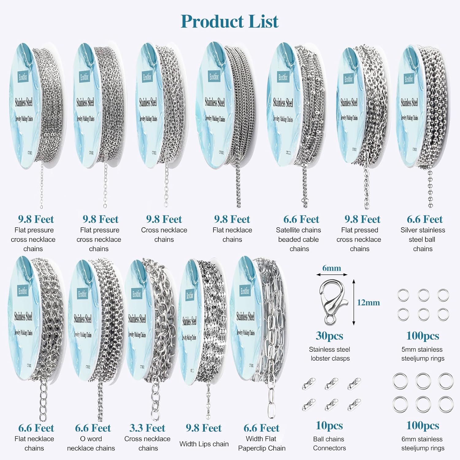 Alternative view of Ecoofor Necklace Chain for Jewelry Making, 95.1 Feet 12 Rolls Stainless Steel Jewelry Chains for DIY Necklace Bracelet Making with Stainless Steel Jump Rings/Lobster Clasps/Connectors