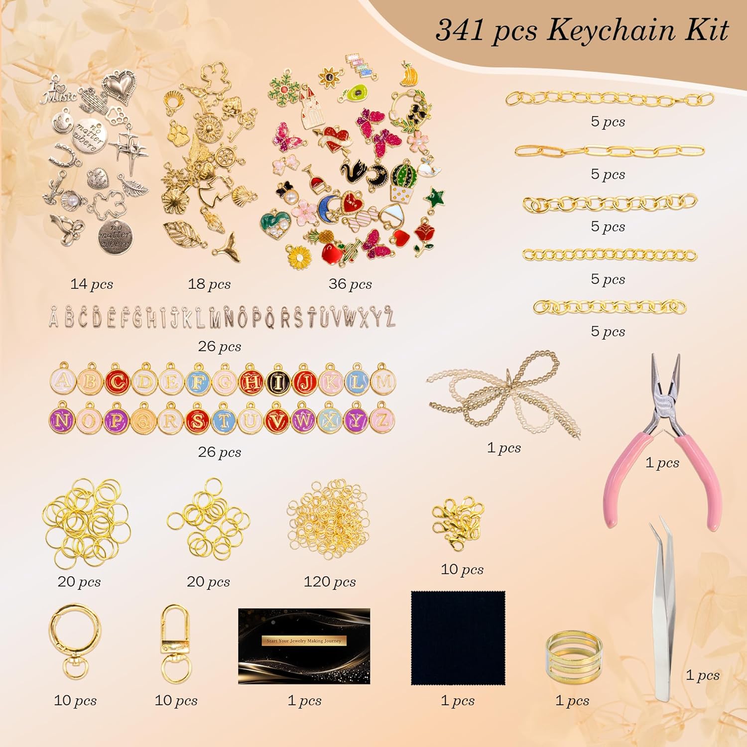 Crekeso 341Pcs Charms Keychain Making Kit, Complete DIY Bag Charm Supplies Kit with Chains, Clips, Hooks, Pliers for Girls Kids, Jewelry Craft Making​