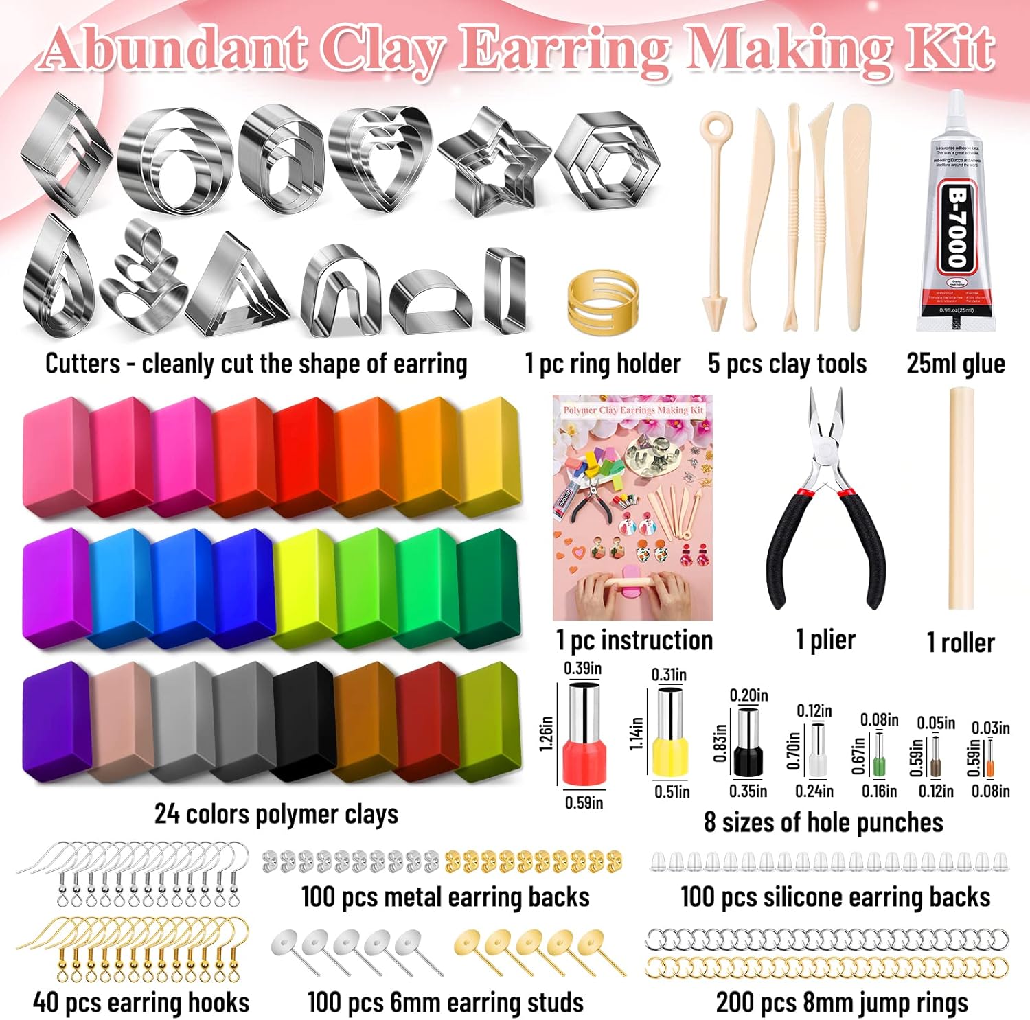 Alternative view of Polymer Clay Earring Making Kit- 30 Clay Earring Cutters, 24 Color Polymer Clay, 8 Circle Cutters, Rollers, B7000 Glue, 640 PCS Earrings Making Tools Accessories for Jewelry DIY (Instructions Include)