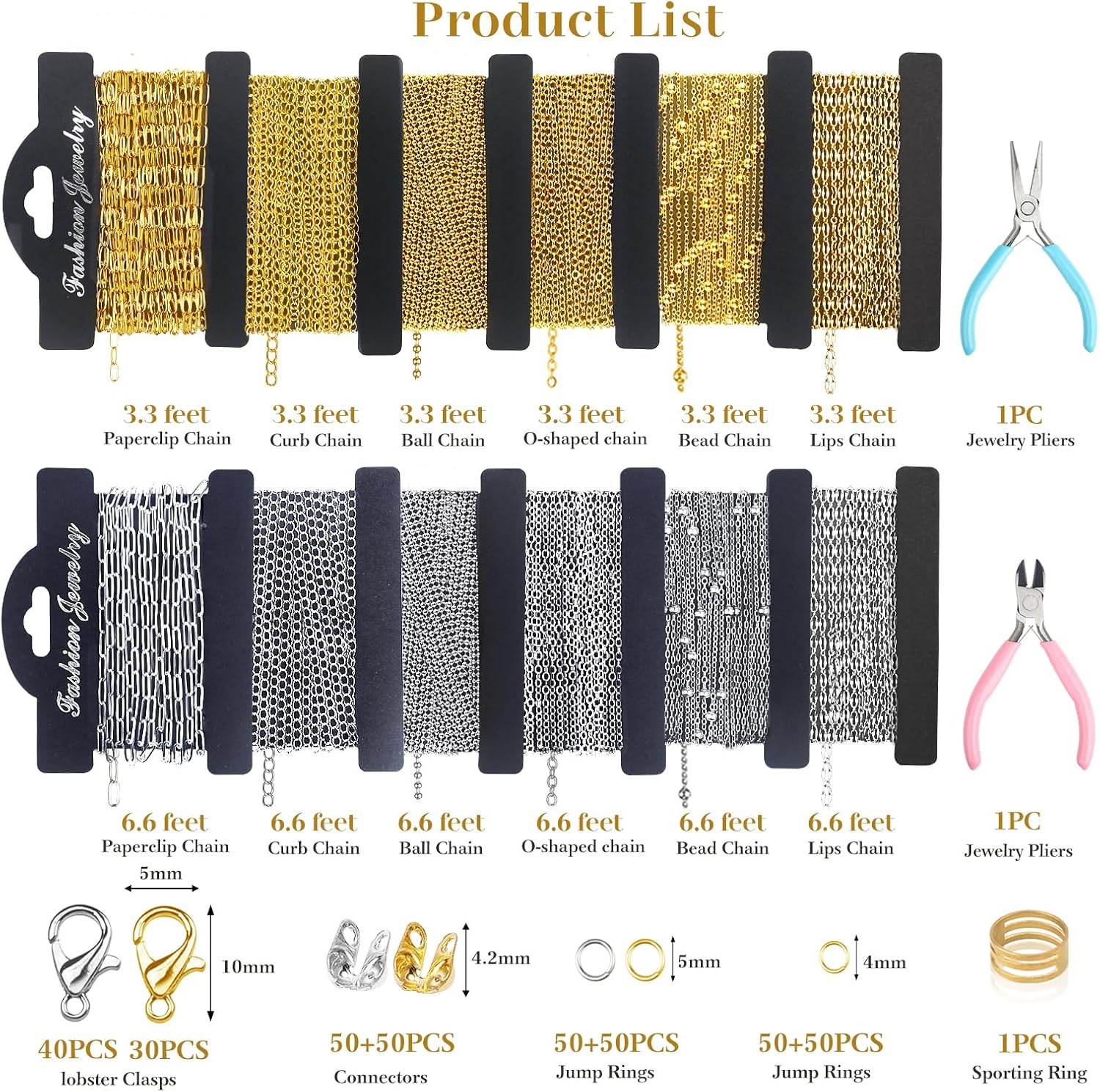 Alternative view of Wisreach 18K Gold & Silver Necklace Chain for Jewelry Making, 60 Feet 12 Rolls DIY Jewelry Chains, with Jump Rings, Clasps, Connectors, 52 Letter Pendants, 50 Mixed Color Pendants & Pliers