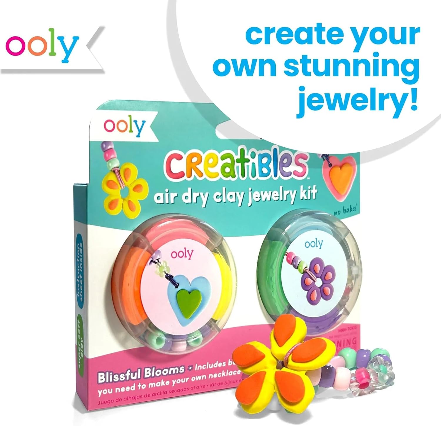 Ooly Creatibles Air Dry Clay Jewelry Kit for Kids, DIY Art Jewelry Making Kit with 6 Clay Colors, Beads, Shaping Tool, and Elastic Yarn, Non-Toxic Gifts for Kids Ages 6 and Up