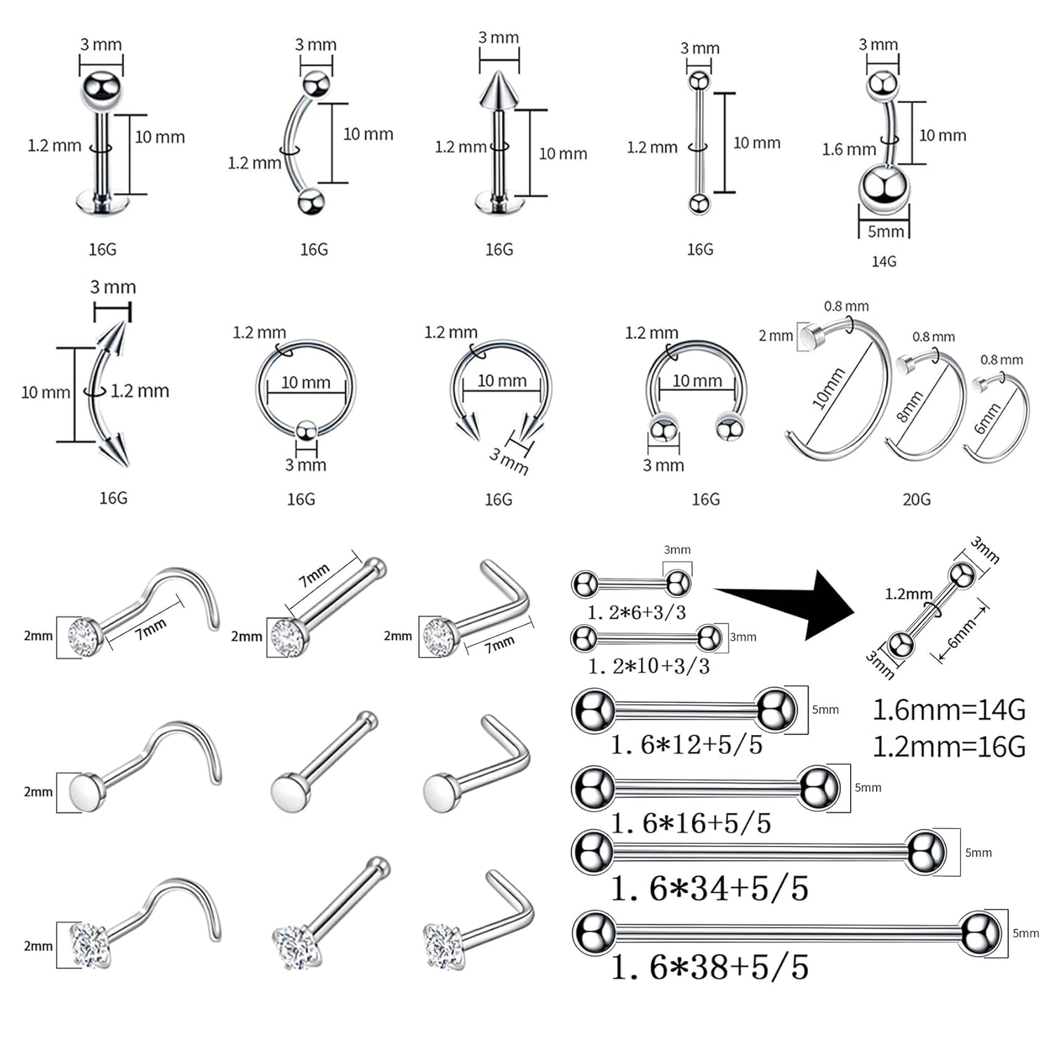 Alternative view of TKKUY 80PCS Nose Piercing Kit: Stainless Steel Body Piercing Jewelry with 12G, 14G, 16G, 20G Needles for Ear, Nose, Lip, Eyebrow