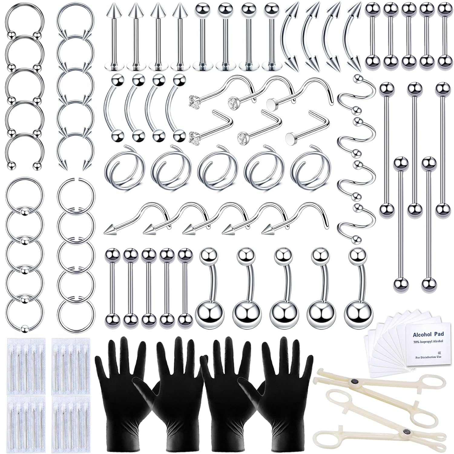 TKKUY 80PCS Nose Piercing Kit: Stainless Steel Body Piercing Jewelry with 12G, 14G, 16G, 20G Needles for Ear, Nose, Lip, Eyebrow - Image 8
