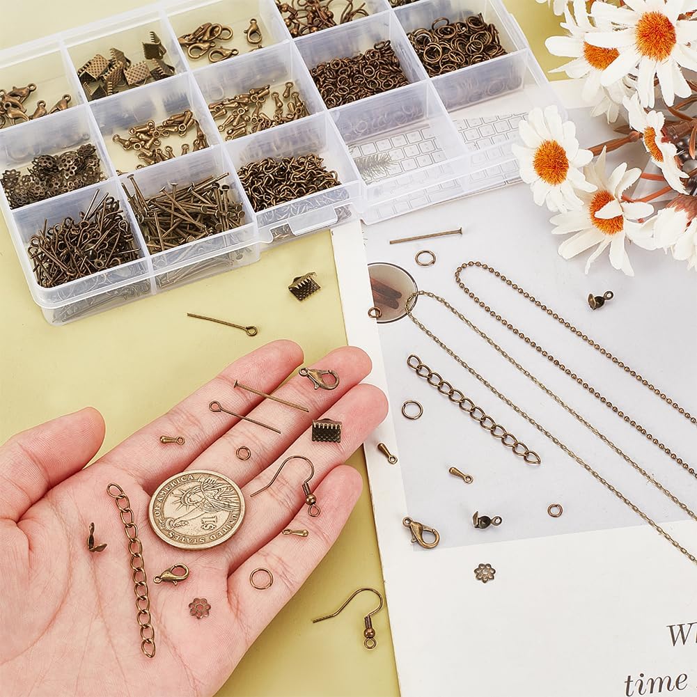 PH PandaHall About 870 Pcs Jewelry Finding Kits with Lobster Claw Clasps, Jump Ring, Ribbon Clamp End, Earring Hook, Flower Bead Cap, Cord End, Eye Pin, Head Pin, Extender Chain, Tip Knot, Drop End