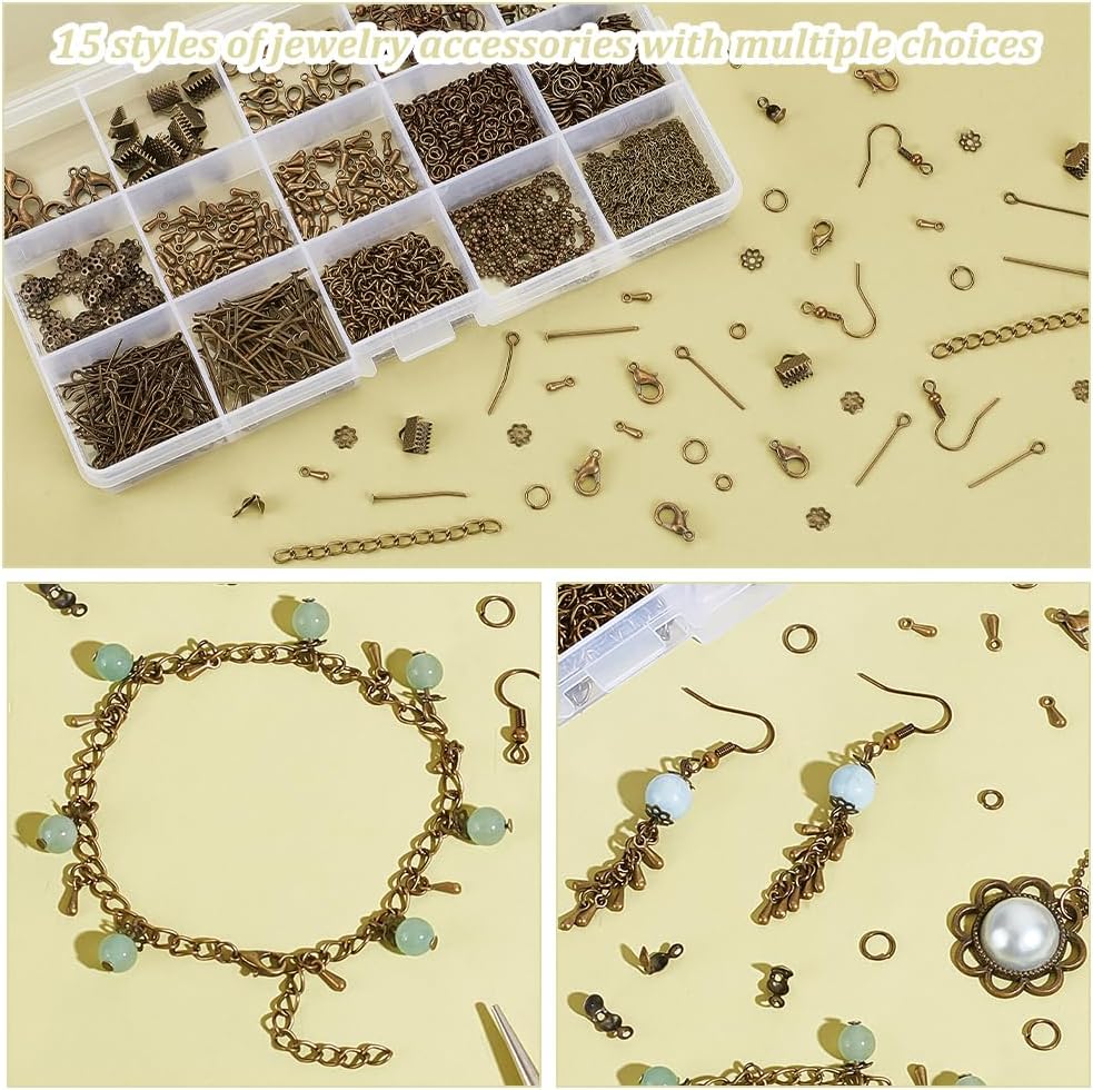 PH PandaHall About 870 Pcs Jewelry Finding Kits with Lobster Claw Clasps, Jump Ring, Ribbon Clamp End, Earring Hook, Flower Bead Cap, Cord End, Eye Pin, Head Pin, Extender Chain, Tip Knot, Drop End - Image 3