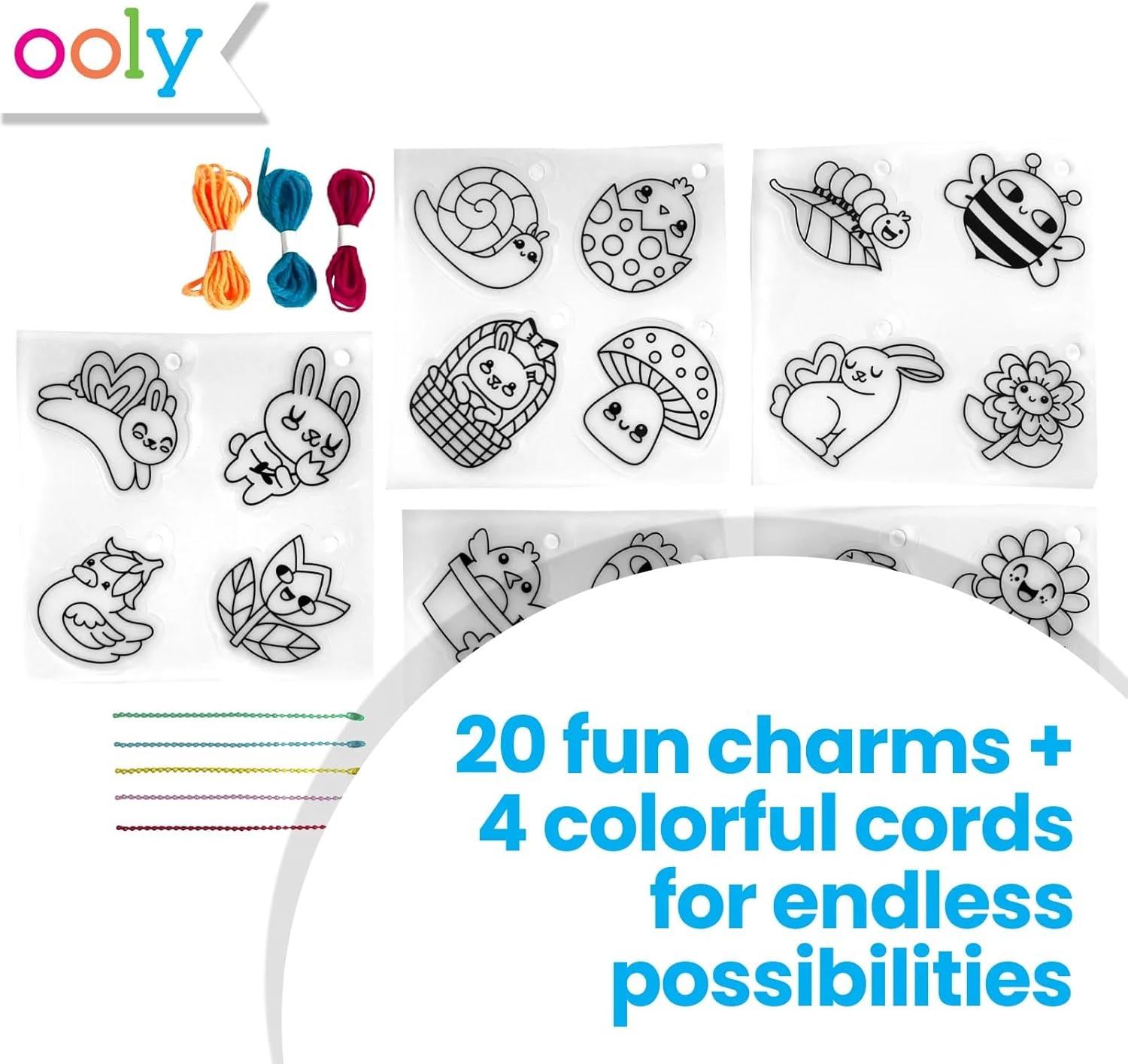 Ooly 28 PC DIY Shrinking Art Kit for Kids, 20 Plastic Pre Cut Charms and More, No Mess Creative Activity Jewelry Making Kit - Garden PALS