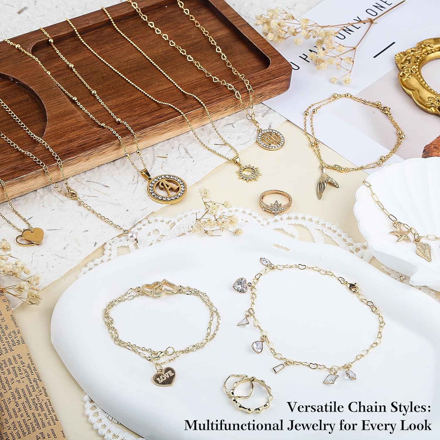 Ecoofor 14k Gold Necklace Chains for Jewelry Making, Total 20 Feet 6 Rolls Bracelet Chains for DIY, 3.3 Feet Each Style, 14K Gold Plated Chain with Jump Rings/Lobster Clasps/Connectors