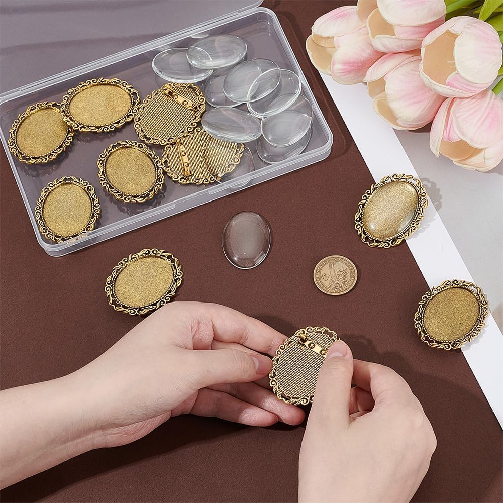 PH PandaHall 10 Sets Brooch Cabochon Making Kit, 40x30mm Vintage Oval Brooch Bezel Blank Memorial Photo Pins with Clear Glass Cabochons for Jewelry Making Wedding Graduation Party, Antique Golden