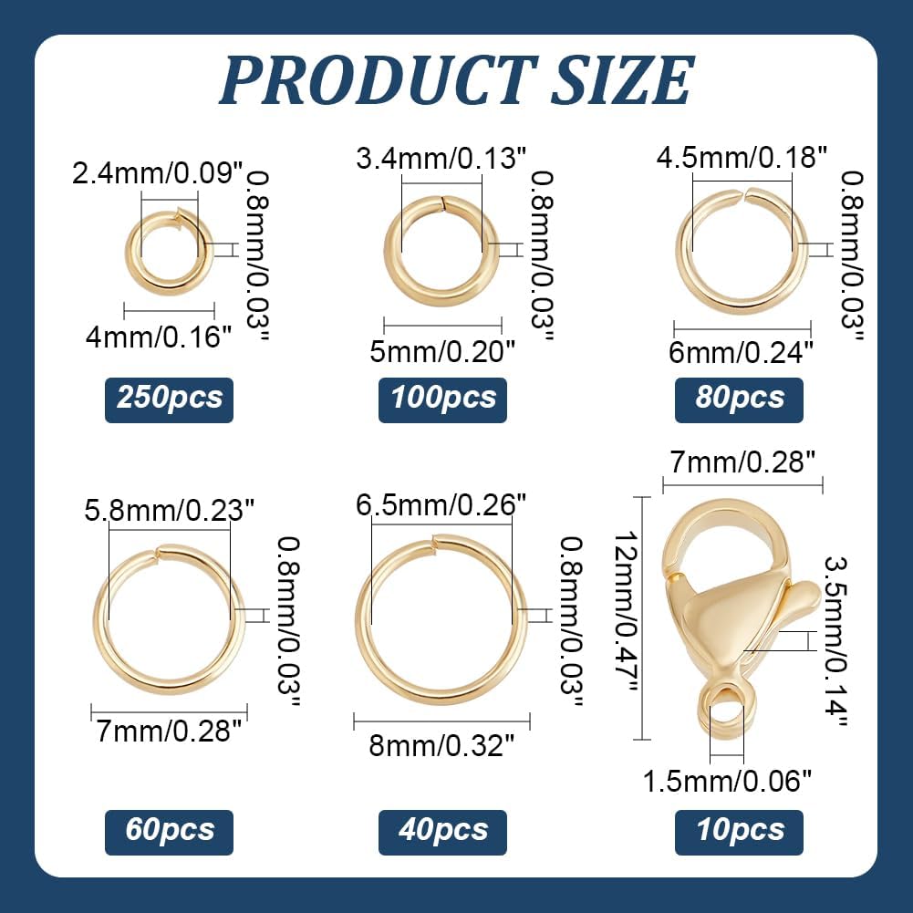 Alternative view of PH PandaHall 24K Gold Plated Jewelry Clasps Kit, 530pcs 4/5/6/7/8mm Open Jump Rings with 10pcs 12x7mm Lobster Claw Clasps 304 Stainless Steel Jewelry Findings for Keychain Pendants Jewelry Making