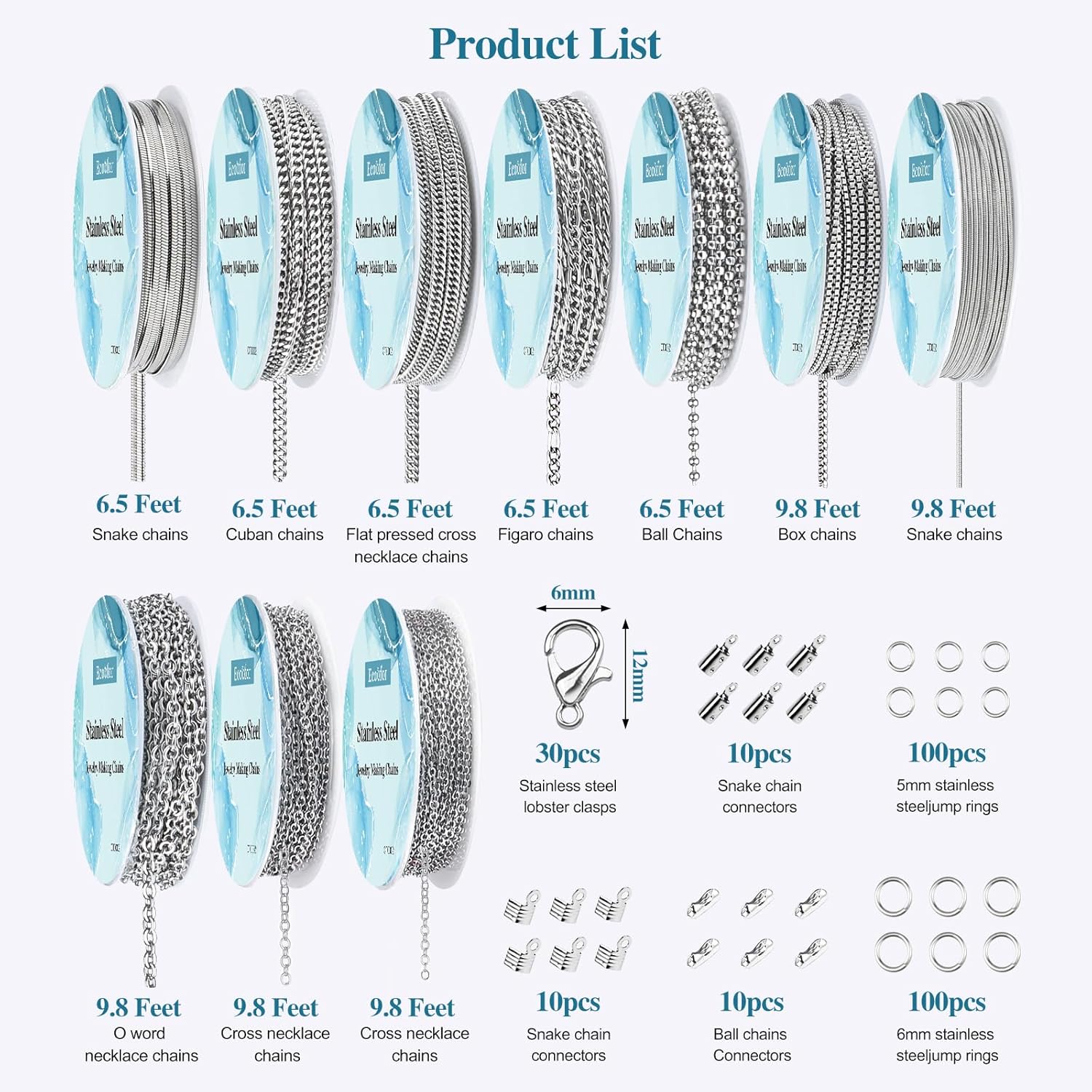 Alternative view of Ecoofor Necklace Chains for Jewelry Making, 82 Feet 10 Rolls Stainless Steel Jewelry Chains for Men Women DIY Necklace Bracelet Jewelry with Jump Rings/Lobster Clasps/Connectors