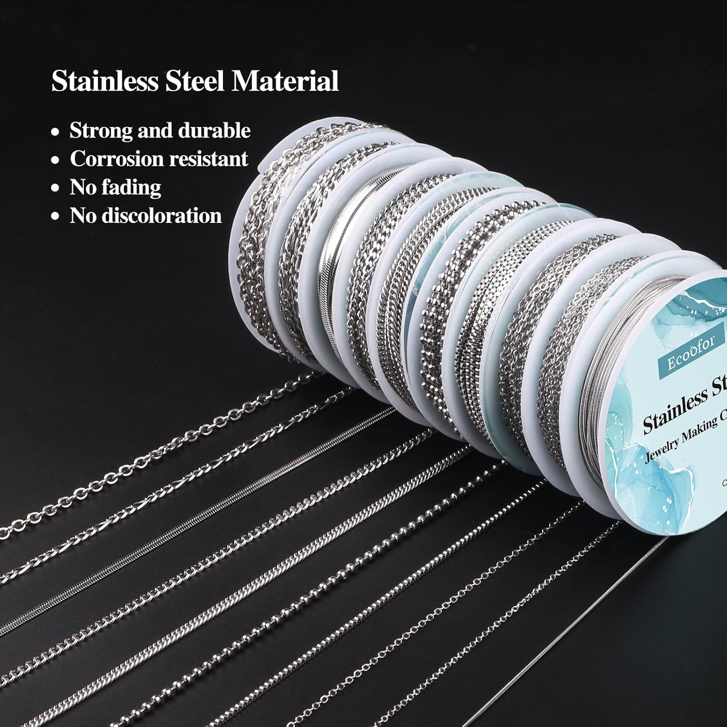 Ecoofor Necklace Chains for Jewelry Making, 82 Feet 10 Rolls Stainless Steel Jewelry Chains for Men Women DIY Necklace Bracelet Jewelry with Jump Rings/Lobster Clasps/Connectors - Image 3