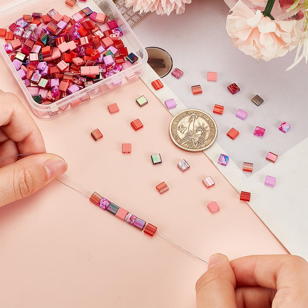 PH PandaHall 280pcs 14 Colors Glass Tila Beads Kit, Pink 2 Hole Seed Beads Square Carrier Beads Flat Spacer Beads Loose Craft Beads for DIY Multi-Strand Bracelet Necklace Jewelry Making, 5x4.5~5.5mm