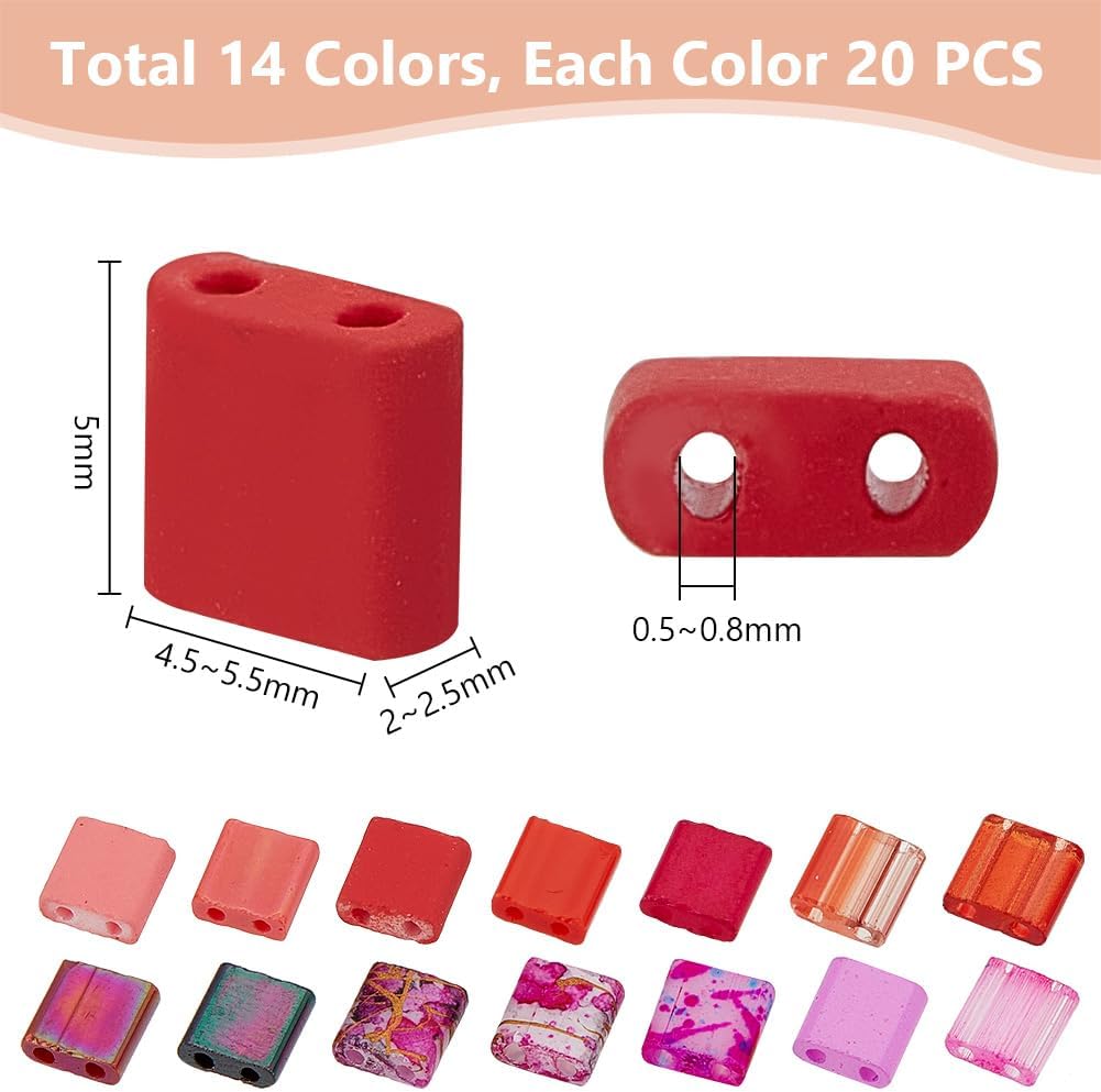 Alternative view of PH PandaHall 280pcs 14 Colors Glass Tila Beads Kit, Pink 2 Hole Seed Beads Square Carrier Beads Flat Spacer Beads Loose Craft Beads for DIY Multi-Strand Bracelet Necklace Jewelry Making, 5x4.5~5.5mm