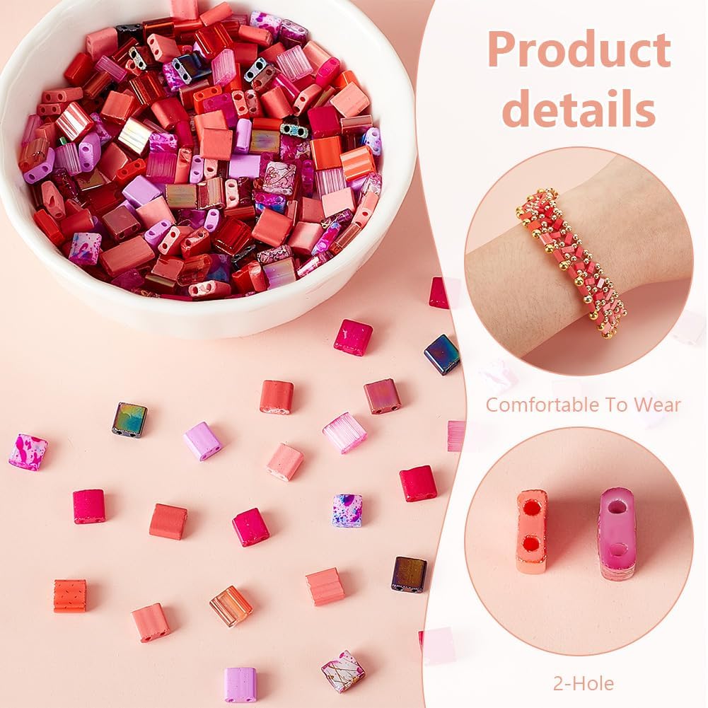 PH PandaHall 280pcs 14 Colors Glass Tila Beads Kit, Pink 2 Hole Seed Beads Square Carrier Beads Flat Spacer Beads Loose Craft Beads for DIY Multi-Strand Bracelet Necklace Jewelry Making, 5x4.5~5.5mm - Image 3