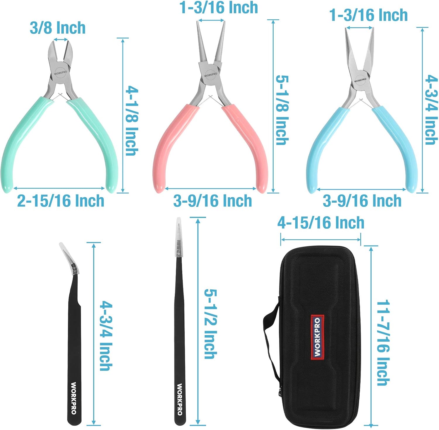 Alternative view of WORKPRO 5-Piece Jewelry Pliers Kit - Round Nose, Chain Nose, Wire Cutters, Pointed & Curved Tweezers, Case Included