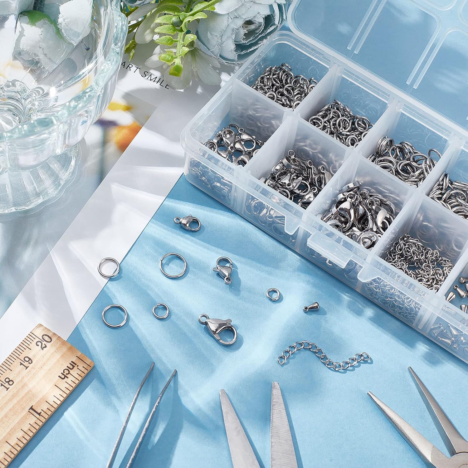 PH PandaHall 830pcs Jewelry Making Findings Stainless Steel, 680pcs 5 Styles Jump Rings 90pcs 3 Styles Lobster Claw Clasps 30pcs 40mm Extender Chains 30pcs Chain Drop for DIY Bracelet Necklace