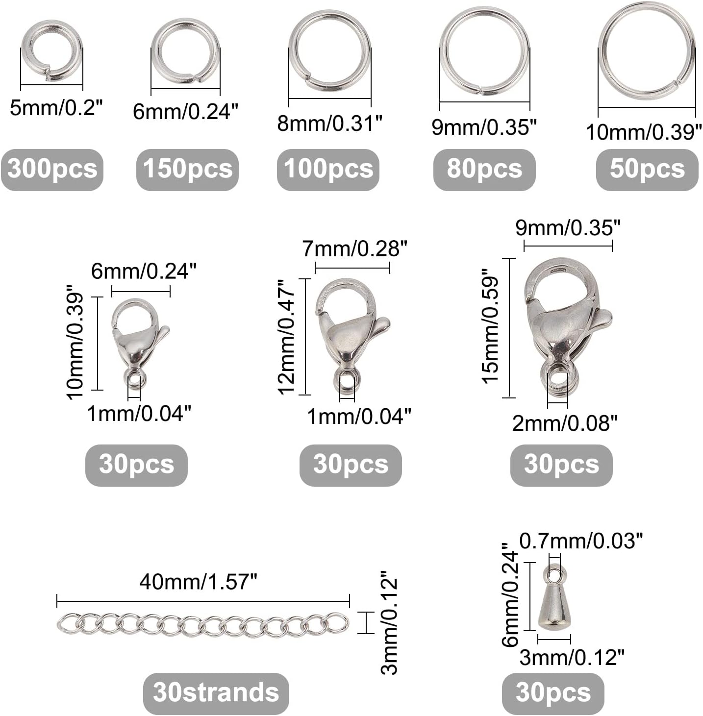 Alternative view of PH PandaHall 830pcs Jewelry Making Findings Stainless Steel, 680pcs 5 Styles Jump Rings 90pcs 3 Styles Lobster Claw Clasps 30pcs 40mm Extender Chains 30pcs Chain Drop for DIY Bracelet Necklace