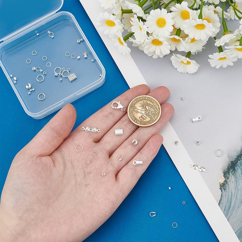 PH PandaHall 63pcs Sterling Silver Crimp Beads Supplies for Jewelry Making 12 Styles Jewelry Findings Kits Bracelet Clasps Crimp Ends for DIY Crafts Jewelry Bracelets Necklaces Making